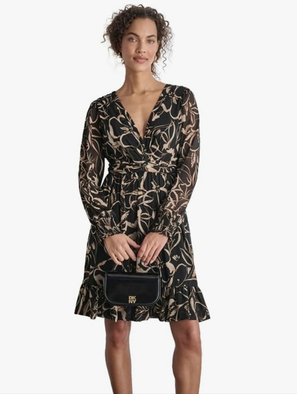 NWT - DKNY Chiffon Mini A-line Dress Black And Beige Size 14